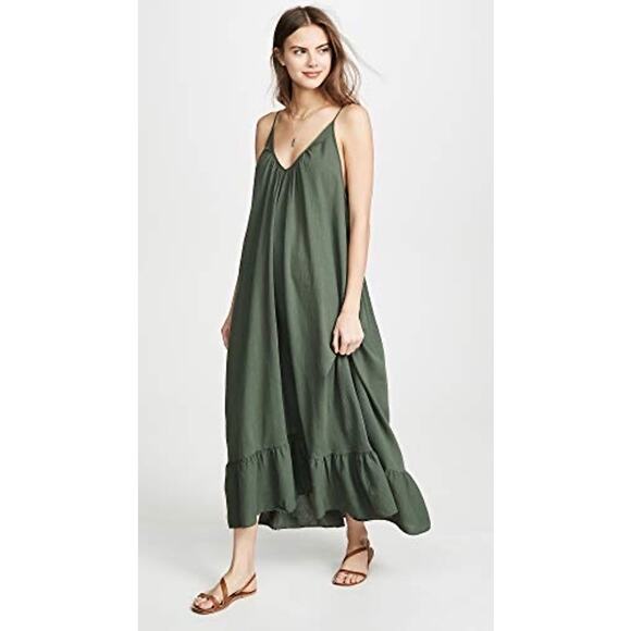 9Seed Paloma Ruffle Maxi Dress Olive Green 100% Cotton EXCELLENT! Rare Color - Picture 1 of 5